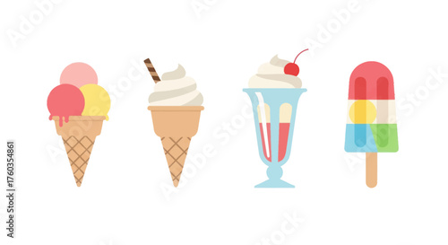 Assortment of Colorful Ice Cream Cones Sundae and Popsicle.