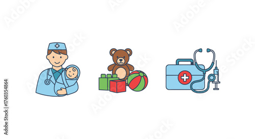 Pediatrician holding a baby toys and medical kit icons.