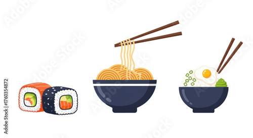 Vector illustration set of Japanese food: sushi rolls ramen noodle soup and a rice bowl with egg and chopsticks.