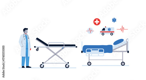 Medical Stretcher and Hospital Bed with Doctor Illustration.
