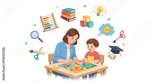 Teacher and Young Boy Engaged in Educational Activity at Table.