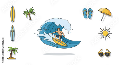 Surfer Riding a Wave Illustration with Beach Elements.