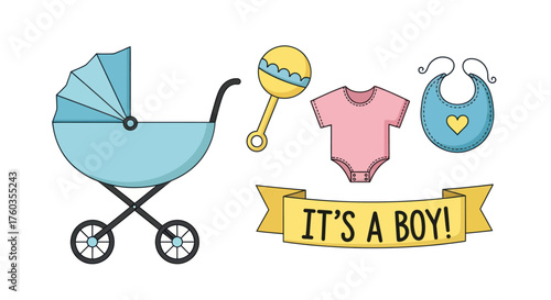 Baby Boy Shower Set: Blue Stroller Rattle Pink Onesie Bib and Its a Boy Banner.