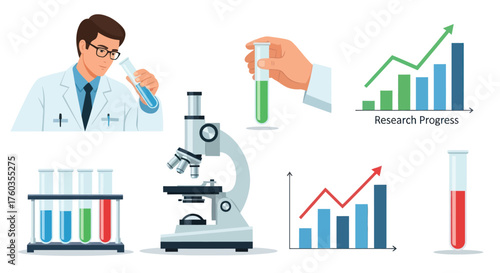 Scientist Conducting Research with Microscope and Test Tubes Illustrating Progress.