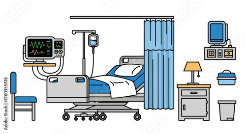 Illustrated Hospital Bed with Medical Equipment and Curtains.