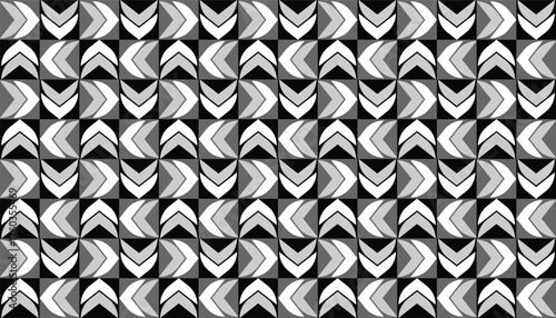 A seamless geometric pattern featuring black and white chevron arrow shapes arranged in a rhythmic and symmetrical layout. The combination of black, white, and gray creates a cheerful, retro feel