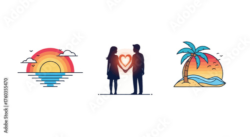 A set of three romantic illustrations featuring a couple in love a tropical beach island and an ocean sunset.