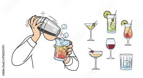 Bartender Pouring Cocktail from Shaker into Glass with Ice Cubes.