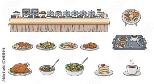 Hand-drawn cartoon vector set of a buffet line with various food plates dessert and coffee.