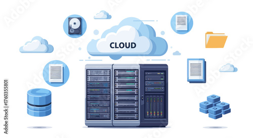 Cloud Computing Server System with Data Storage and Network Connections.