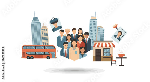 Diverse Urban Community Illustration with City Buildings Business People and Public Transport.