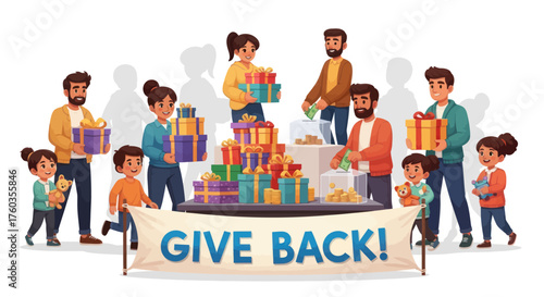 Group of People Giving and Receiving Colorful Gift Boxes.