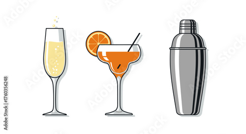 Assortment of Cocktail Glasses and Shaker Vector Illustration.