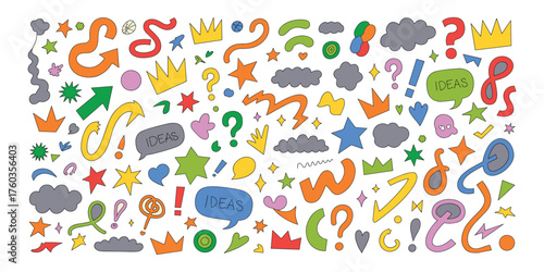 Wallpaper Mural Colorful hand-drawn doodle set of arrows, crowns, stars, clouds, and speech bubbles Torontodigital.ca