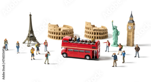 Miniature World Landmarks with Tourists and Red Double-Decker Bus.