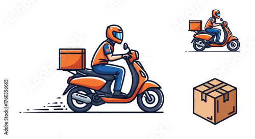 Delivery Person Riding Scooter with Cargo Box and Package.