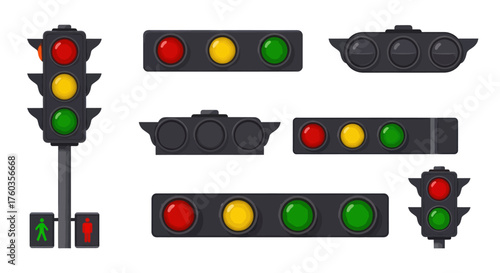 Set of various traffic light signals with red yellow green lights.
