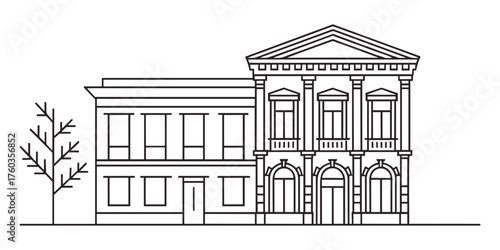 Historic Building Facade Vector Illustration with Tree Architectural Drawing