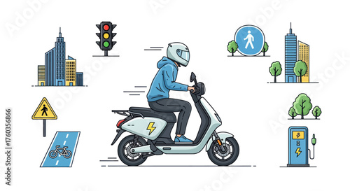 Electric Scooter Rider in Urban Setting Wearing Helmet and Casual Clothes.