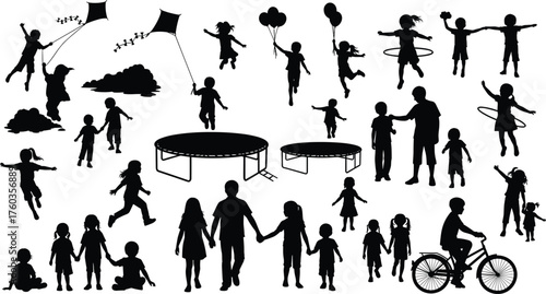 Children playing outdoors, family fun activities, kids flying kites, trampoline jumping, cycling, hula hooping, balloons, dancing, silhouette people, cad drawing flat vector illustrationv