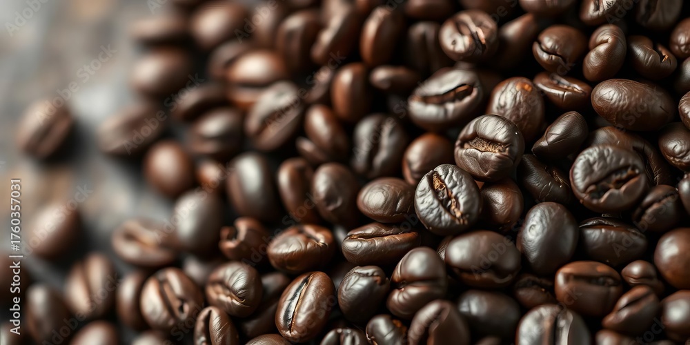 Obraz premium Close-up of dark roasted coffee beans, oily sheen, rich texture, depth, macro