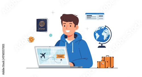 Young man planning travel with laptop passport globe ticket and luggage.