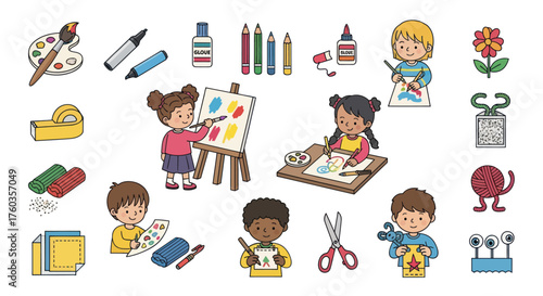 Children Creating Art with Various Painting and Drawing Supplies.