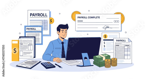 Cartoon Man Processing Payroll on Computer with Financial Documents.