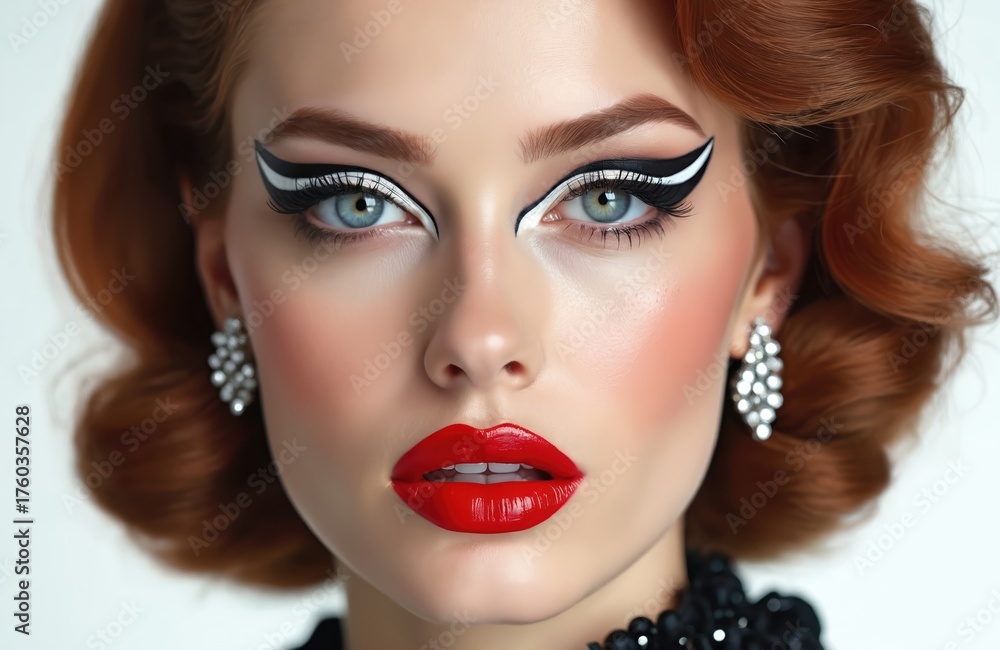Fototapeta premium Woman with vibrant red lips and dramatic winged eyeliner poses with retro curled hair. She wears sparkly earrings and a dark beaded necklace, looking sophisticated and glamorous.
