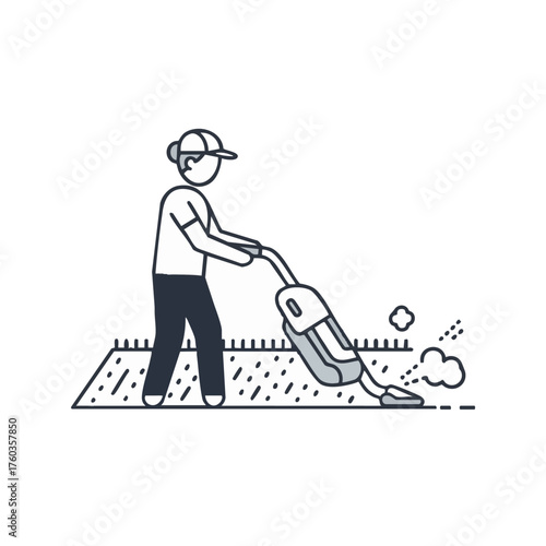 An illustrated person vacuums a rug, a cleaning service worker using a vacuum cleaner to remove dirt, keeping a room tidy and clean.