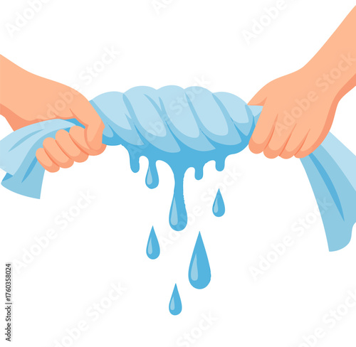 Hands Squeezing Wet Cloth with Water Drops Flat Vector Illustration