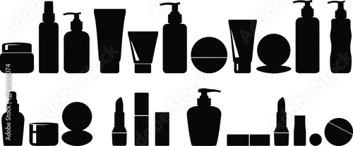 Cosmetic container silhouettes, skincare packaging icons, beauty product bottles, makeup jars and tubes, lipstick compact design, cad drawing flat vector illustration