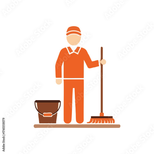 An illustration of a janitor in an orange uniform holding a mop next to a bucket, ready to clean a surface.