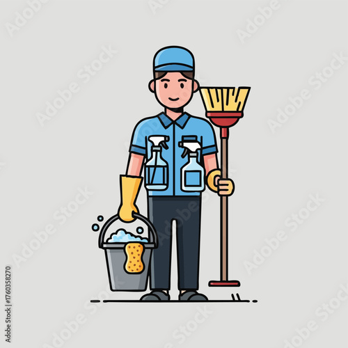A cheerful cleaning professional, equipped with essential tools like a broom, bucket, and spray bottles, ready for thorough sanitation.
