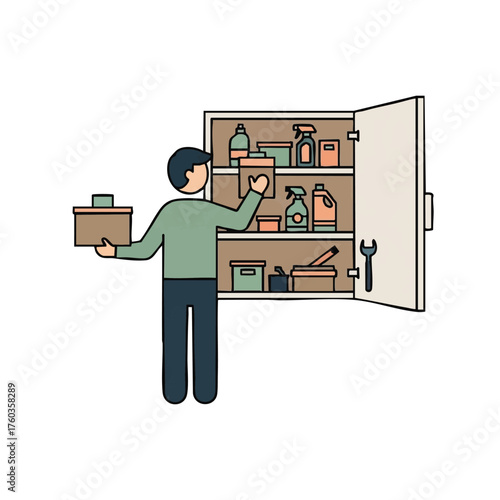 A person organizes items in a storage cabinet, with tools and supplies neatly arranged for easy access and efficient organization in a tidy space.