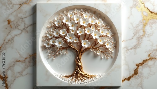 Fototapeta Naklejka Na Ścianę i Meble -  Elegant 3D render shows golden tree with white blossoms. Circular floral relief on marble texture with gold veins. Luxurious modern art decor.