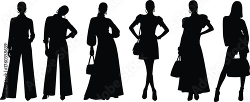 Fashion women silhouettes, stylish female poses, modern outfit icons, handbag accessories, trendy clothing design, elegance illustration, cad drawing flat vector illustration