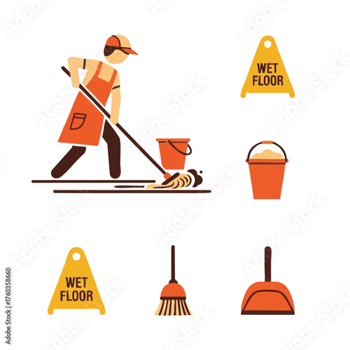 A vector illustration depicts a cleaning service worker mopping a floor, with cleaning tools and wet floor signs in a clean, modern design.