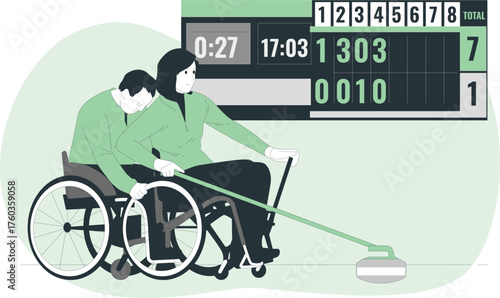 People playing curling with a scoreboard in the background sport winter sport