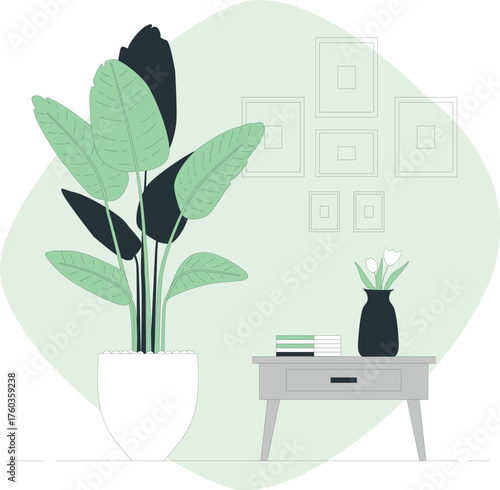 Interior scene with large potted plant and framed artwork on wall home decor