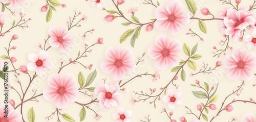 Light, airy endless floral pattern; delicate blooms and vines in soft pastel hues ideal for romantic designs,  subtle,  art