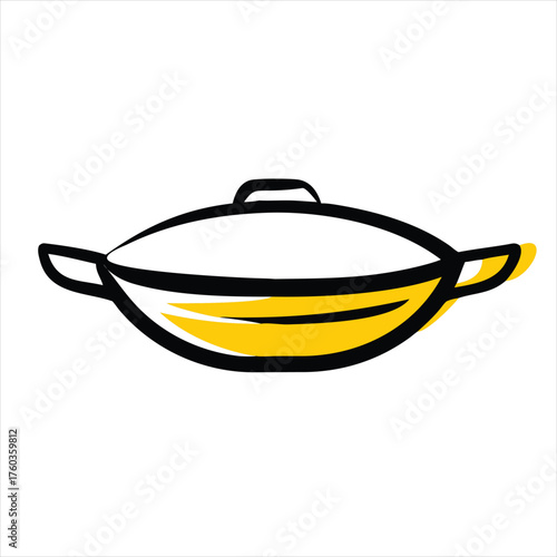Stylized black and yellow wok with lid and handles on white background cooking kitchen