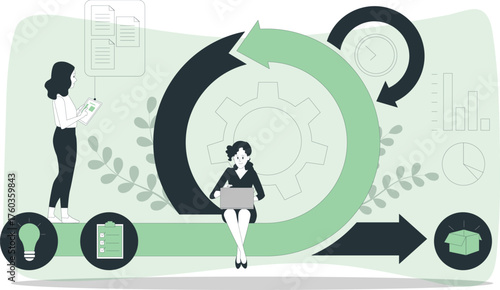 Business process illustration with a cyclical workflow, charts, and people cycle loop