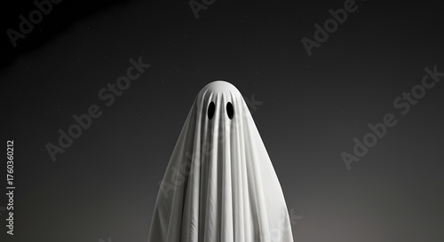 A classic ghost costume made from a white sheet with two eyeholes, standing against a dark, moody background, perfect for halloween or a spookythemed event