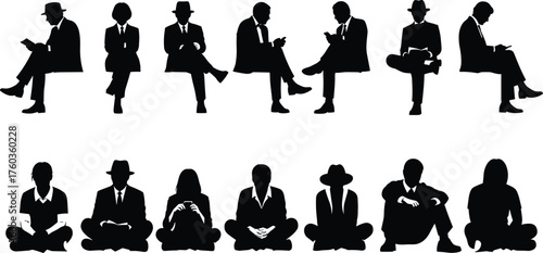 People sitting silhouettes, formal and casual poses, men and women seated, reading, talking, phone use, lifestyle artwork, cad drawing flat vector illustration