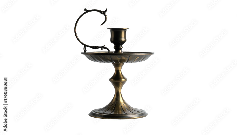 Fototapeta premium Ornate brass candlestick holder with curved handle, isolated