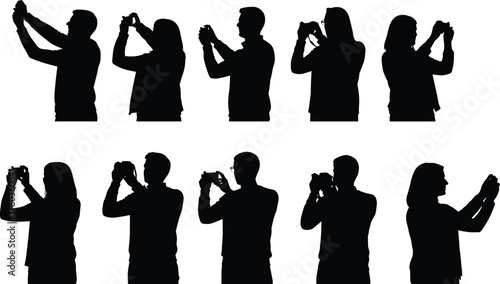 Photographer silhouettes collection, people taking photos, camera users, smartphone photography, videography poses, modern lifestyle activity, cad drawing flat vector illustration