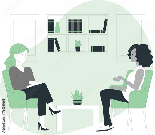 Two women in a therapy session with books and plants in the background counseling psychologist
