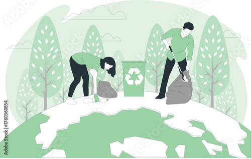 People Cleaning Up Trash on Earth with Recycling Bin Keywords: environment, ecology, recycling, trash, garbage, cleanup, pollution, earth, planet, globe, nature, trees, clouds, people, volunteers