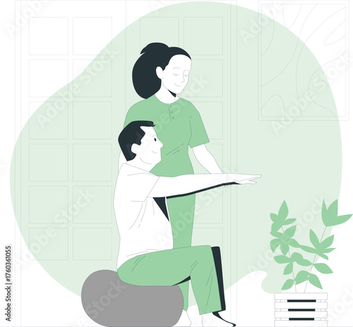 Physical Therapist Assisting Patient on Exercise Ball in a Room Keywords: physical therapy, rehabilitation, exercise, fitness, patient, therapist, healthcare, medical, recovery, wellness, strength